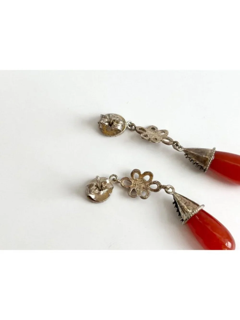 Art Deco Red Coral & Marcasite Floral Teardrop Vintage Sterling Silver Earrings